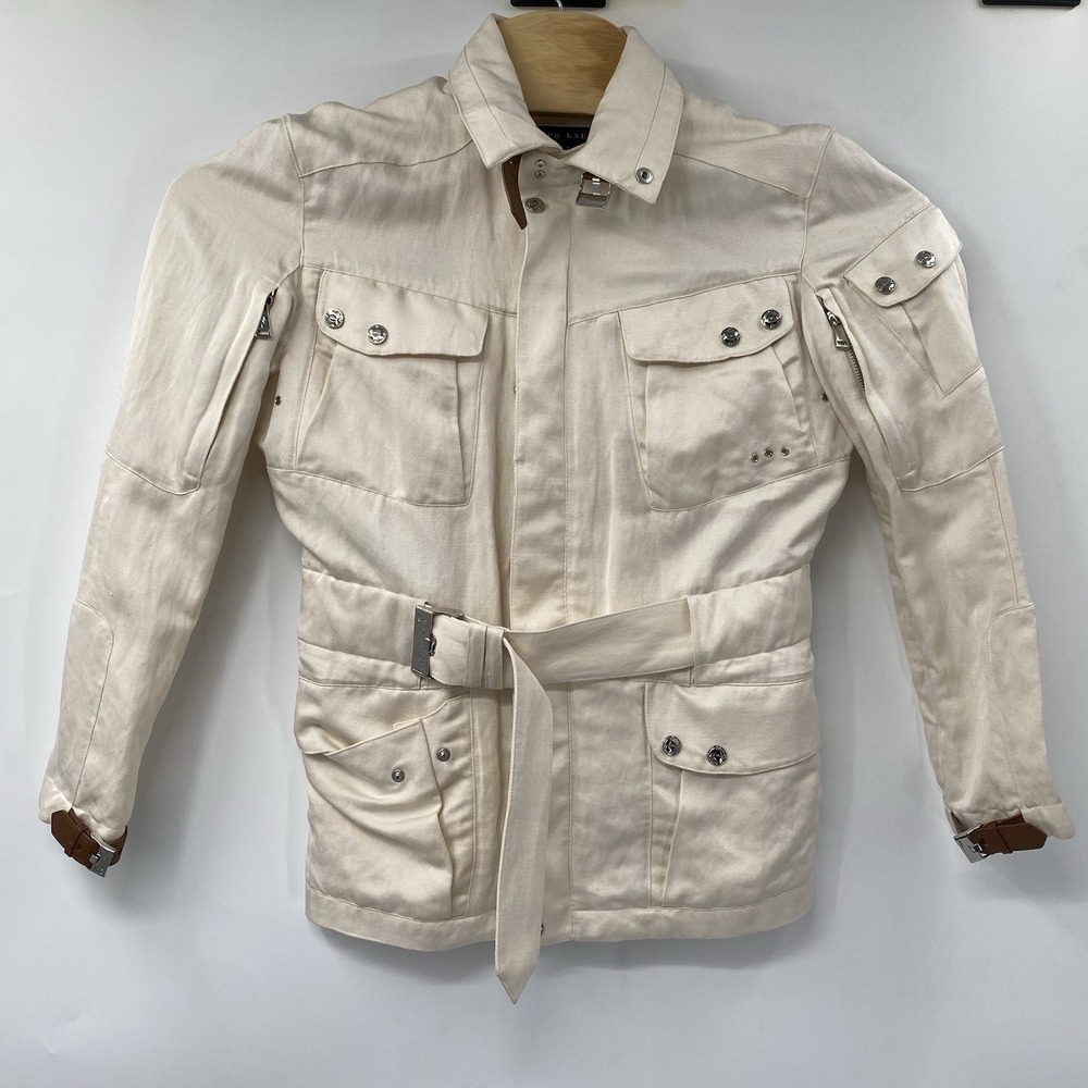 Ralph‎ Lauren Safari Jacket Womens 4 Ivory Silk Linen Belted Utility Cargo Coat